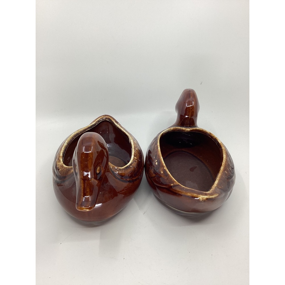 Hull USA Pottery F60 Mirror Brown Drip Glaze Duck Planter Set of 2 Vintage MCM